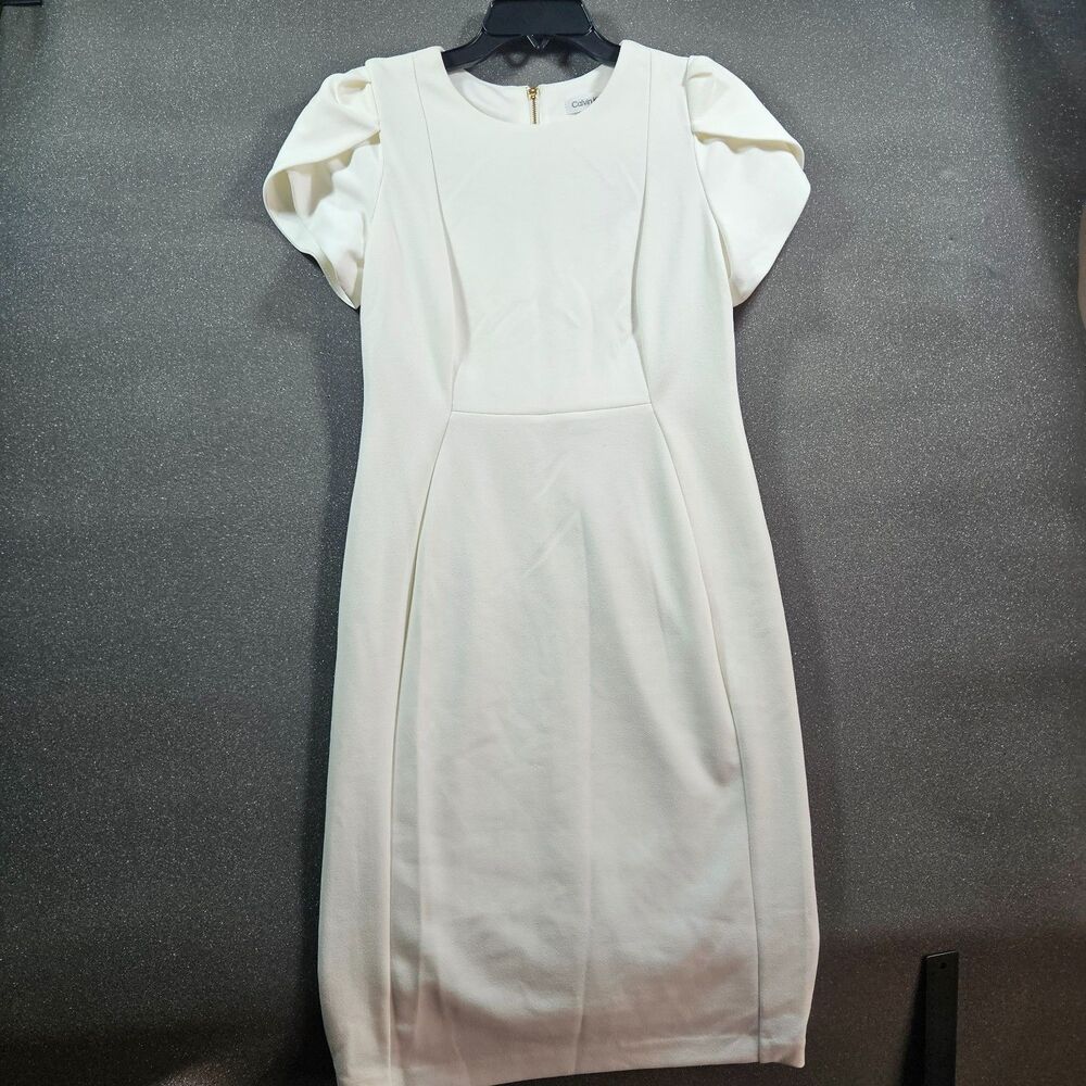 Calvin Klein Dress Womens Size 6 Ivory Puff Sleeve Sheath Career Cocktail Midi